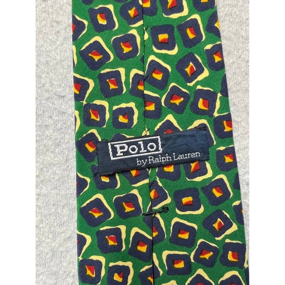 Polo Ralph Lauren Silk Tie Mens Green Blue Yellow Geometric Square Pattern USA